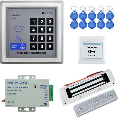 Kit completo de sistema de control de acceso RFID para puertas + cerradura electromagnética de 180 kg + fuente de alimentación de 110-240 V CA, 12 V CC, 3 A, 36 W + teclado de acceso por proximidad y 
