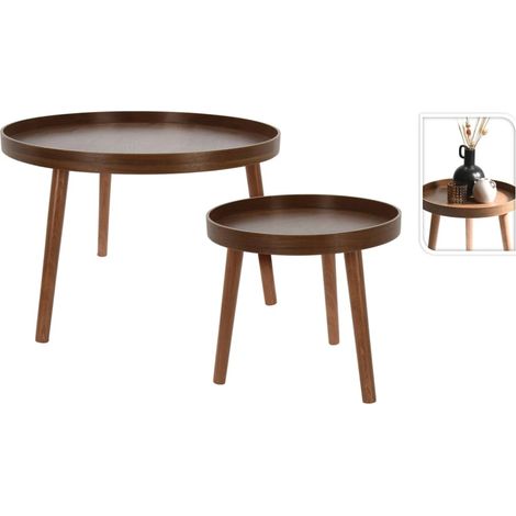 Table ronde vintage moderne en noyer, lot de 2 pièces, déco contemporaine pour salon. (1/5)
