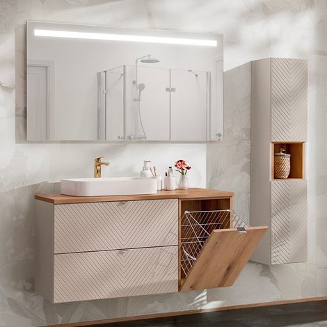 Conjunto de muebles con lavabo individual 120cm cesto ropa y columna Manoa Cachemira y madera (1/4)