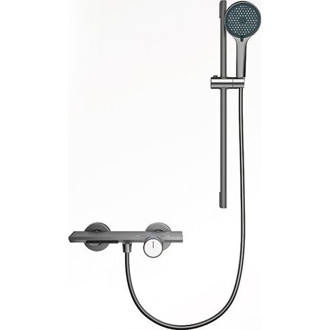 Cabezal de ducha de mano mural, cabezal de ducha deslizante con 4 modos, kit de ducha exterior, ducha vista, con plataforma de almacenamiento, altura regulable, gris - Crezuo