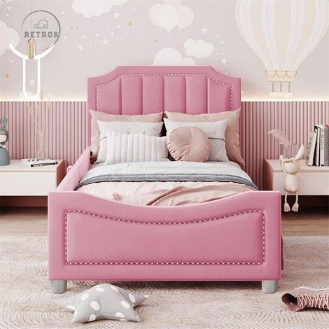 Lit simple d'enfant 90x200cm, lit rembourré en flanelle, lit plat avec 1 entourage latéral, avec sommier à lattes et tête de lit, rose (1/5)