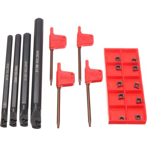 Kit d'outils de tournage pour tour à métaux : 4 barres d'alésage S07K/S08K/S10K/S12M-SCLCR06, 10 plaquettes carbure CCMT060204, 4 clés à douille pour l'usinage de petits trous. (1/5)