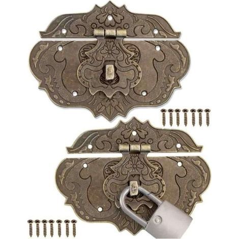 Set aus 2 Möbelverschlüssen im Antik-Stil aus Bronze-Eisen, Beschläge für Gardinenschlösser, Truhen und Kisten, Schieber, 95 x 73 mm, inklusive Schrauben (1/4)