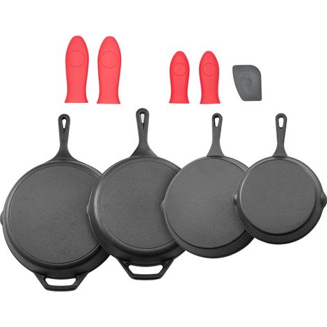Poêles en fonte, ensemble de 4 pièces (155, 205, 260, 305 mm), avec poignée en silicone résistante à la chaleur, pré-culottées, compatibles four, gaz, électrique et induction, noires (1/5)