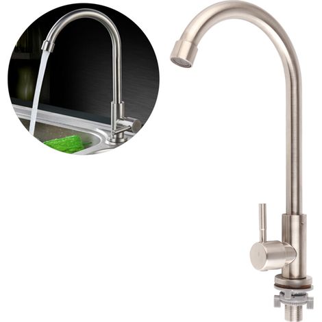Robinet d'eau de lavabo de cuisine en acier inoxydable avec filetage G1/2in, simple froid, trou unique, rotation à 360 degrés (1/5)