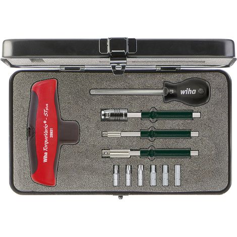 Wiha Juego de destornilladores dinamométricos con mango en T TorqueVario®-ST 5-14 Nm en surtido de 12 unid. con limitación del par de apriete de ajuste variable de incl. caja (29234)