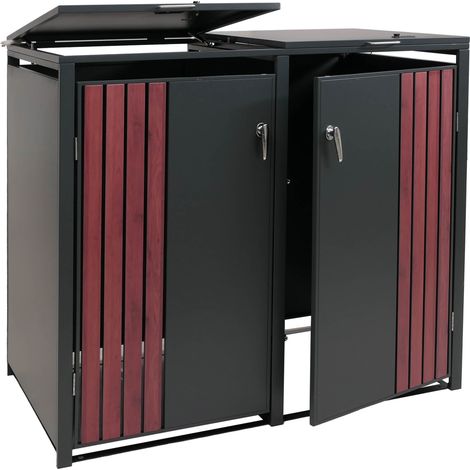 [NEUWERTIG] 2er-Mülltonnenverkleidung HHG-331, Mülltonnenbox mit Deckel, Metall 122x132x84cm 53kg anthrazit Holzoptik dunkel