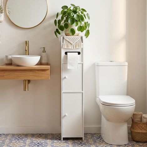 Support de papier toilette, armoire de rangement blanche pour salle de bain, étagère d'angle fine pour petit espace, petite armoire de rangement de salle de bain avec portes (1/5)