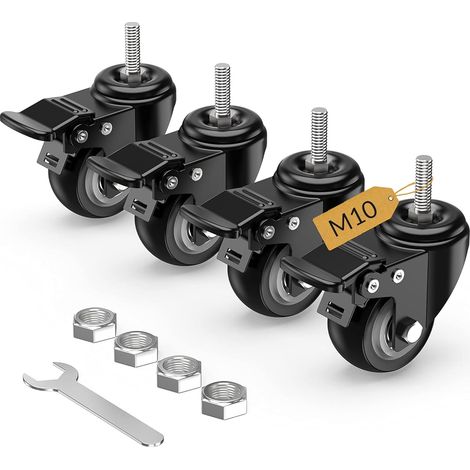 Lot de 4 roulettes pivotantes à tige de verrouillage total de 50mm, M10 x 1,5 x 25mm(diamètre de la tige 10mm, longueur de la tige 25mm)Roulettes filetées avec freins Roulettes pivotantes Noir (1/5)