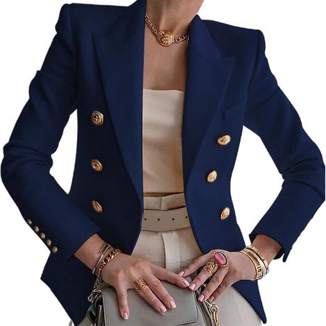 Veste de travail femme, coupe cintrée, col tailleur, double boutonnage, manches longues, décontractée, pour bureau (1/2)