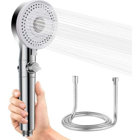 Pomme de douche haute pression avec tuyau – 5 modes de jet, arrêt eau instantané, sécurité enfants, compatible toutes robinetteries (1/4)