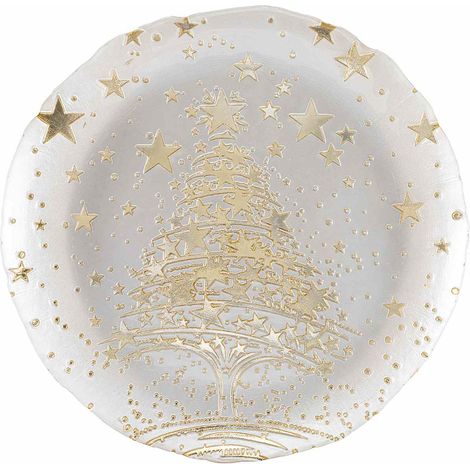 Assiettes de Noël en verre alimentaire avec étoile et sapin de Noël dorés en relief, diam. 33 cm
