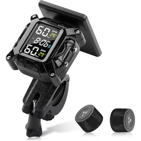 Système de surveillance de la pression des pneus TPMS pour moto, capteur de pression des pneus sans fil, 5 modes d'alarme, charge magnétique USB/solaire, design étanche IP67, avec 2 capteurs (1/5)