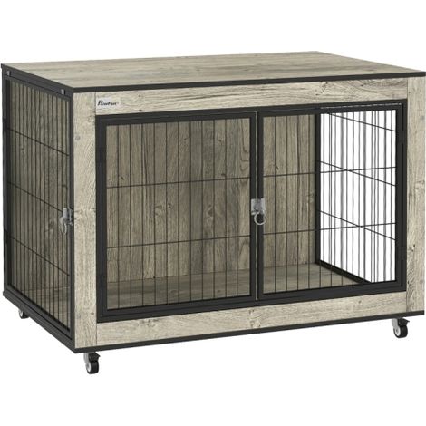 Grey Dog Crate Furniture on Wheels with Double Doors for Medium-Sized Dogs (1/5)