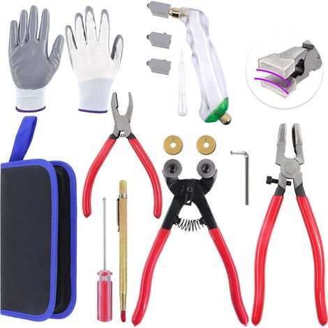 Kit de 10 outils de coupe de verre, pince à carrelage à roues en mosaïque de verre, pince à coudre, pince à épiler en carbure de tungstène, coupe-verre à alimentation en huile, gants, sac (1/5)