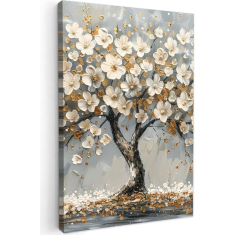 CUADRO EN LIENZO Árbol - Flores - Blanco - Naturaleza - Arte Lienzo Para Dormitorios 60x90 cm