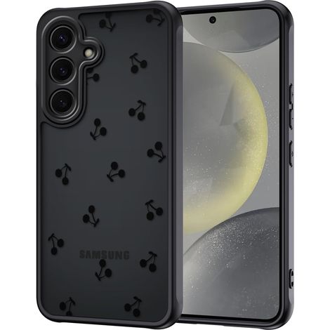 Coque pour Samsung Galaxy S24 5G, Aesthetic Cerise Motif Étui Translucide Mat Silicone TPU + PC Anti-Jaune Antichoc Housse Protection de la Caméra Bumper Case pour Filles Femme, Noir (1/5)