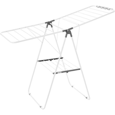 Étendoir à linge pliable à 2 niveaux avec pinces à chaussettes et 21 barres de séchage, en métal, hauteur réglable pour l'intérieur et l'extérieur, autoportant et peu encombrant, blanc (1/5)