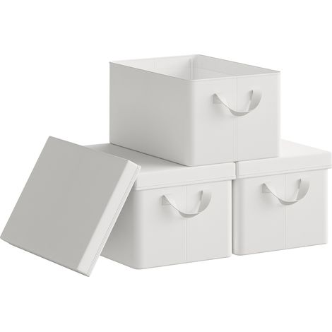 Lot de 3 Boîte de Rangement WOLTU, 38x27x20 cm, avec Couvercle, Coffre de Rangement en Tissu non Tissé, Pliable, Blanc