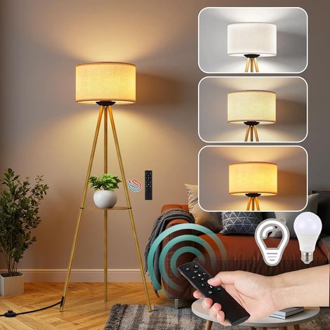 Dreibein Stehlampe Wohnzimmer, Stehlampe Dimmbar, 3 Farbtemperatur ,Leinen-cLampenschirm,Regal,Fernbedienung,für Wohnzimmer,Schlafzimmer,Büro,mit E27 LED Glühbirne (1/5)