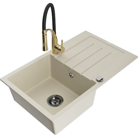 Mexen Bruno lavello in granito a 1 vasca con scolapiatti e rubinetto da cucina Aster, beige - 6513-69-73450-57-B (1/5)