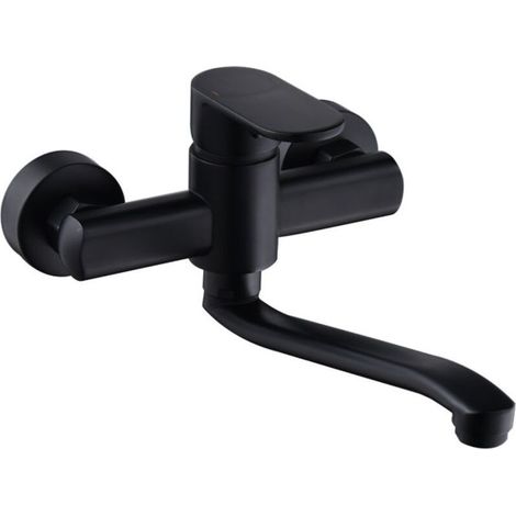 Robinet mural pour évier de cuisine pivotant à 360° en acier inoxydable, bec réglable, levier unique, bras pivotant de 20 cm inclus, noir (1/4)