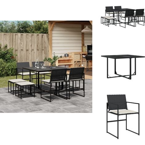9-tlg. Garten-Essgruppe mit Kissen Schwarz Poly Rattan - Gartenmöbel - Essgruppe - Gartenset - Outdoortisch - Gartenstühle (1/5)