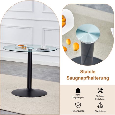 Table ronde en verre trempé style luxe, pied central noir, lot de 4 chaises PU pivotantes 360° pour salle à manger. (1/5)
