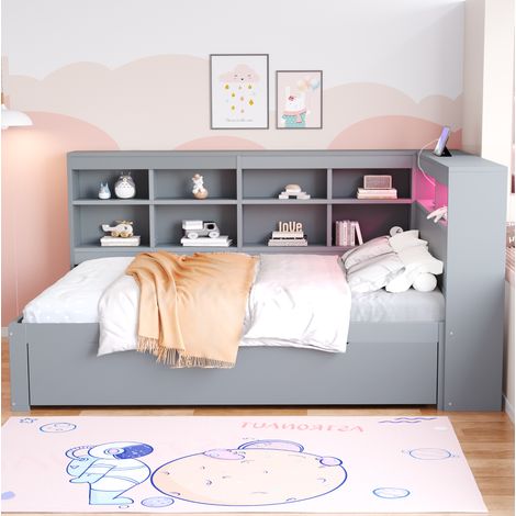 Sofá cama de madera gris 140x200 cm con almacenaje, USB y luz LED, somier de láminas incluido (1/5)