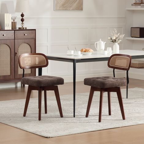 Lot de 2 chaises marron en chenille avec dossier en rotin tressé et assise rembourrée pivotante à 360 pour salle à manger et chambre (1/5)