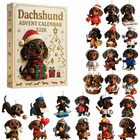 Dackel-Adventskalender 2026 – Überraschungsbox – 24-Tage-Countdown: Acryl-Schlüsselanhänger mit Welpenmotiv – Geschenkset – Feuerwehrhund (1/5)