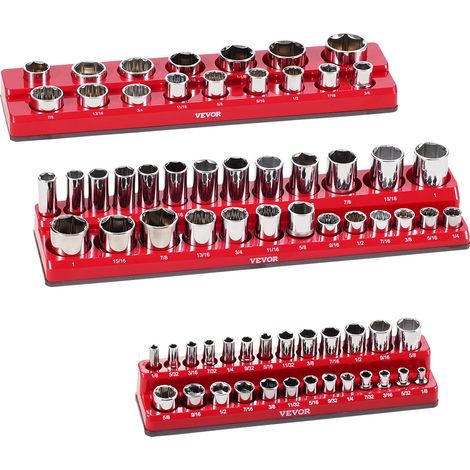 VEVOR Kit Organisateurs Douilles Magnetiques, Lot de 3, Plateaux de Douilles SAE 1/4'', 3/8'', 1/2'', avec Etiquettes Transparentes, Capacite 68 Douilles Standard et Profondes Non Incluses, Rouge