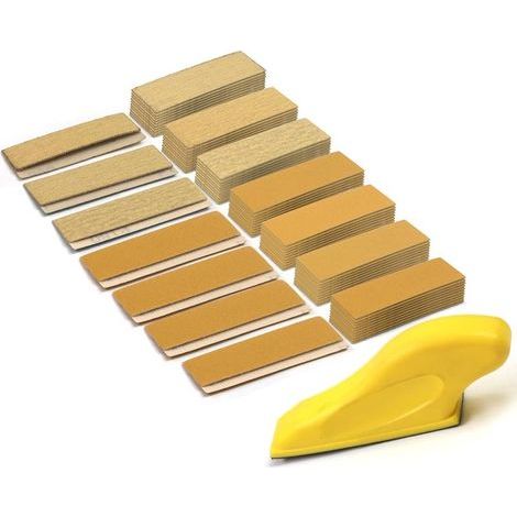Set aus 70 Blatt mikrofeinen Schleifpapiers, 8,9 x 2,5 cm, Körnung 80 bis 600, für die Holzbearbeitung und Metallbearbeitung auf engstem Raum (mit Handauflage). (1/5)