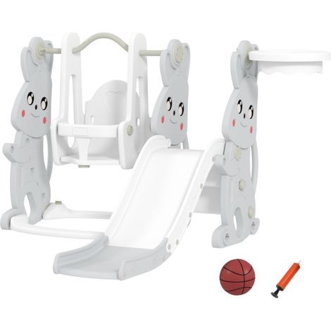 Portique balançoire toboggan 4 en 1 motif lapin gris 160x147.5x107cm - Aire de jeux intérieur/extérieur pour enfants 1.5 à 4 ans (1/5)