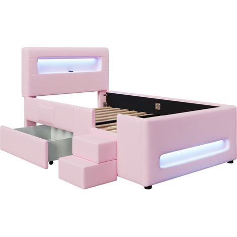 Cama plataforma tapizada 90 x 200 cm con escalera, cajones, LED, USB y bolsillos, rosa (1/5)