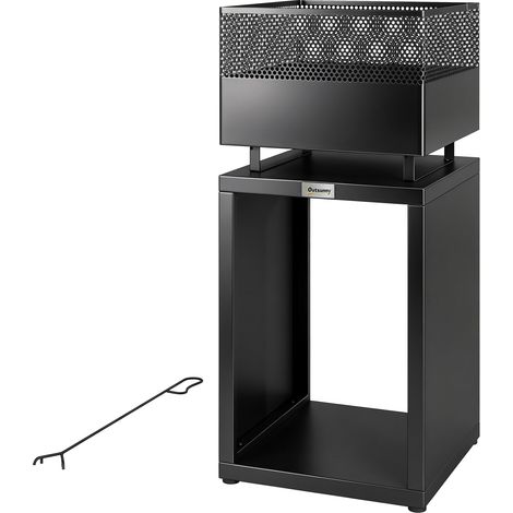 Brasero avec rangement bois grille charbon pieds réglables 39 x 39 x 87 cm noir