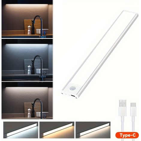 Luz para armario recargable por USB con sensor — 3 colores de luz con brillo ajustable, instalación magnética, luz LED ultrafina de 30 cm