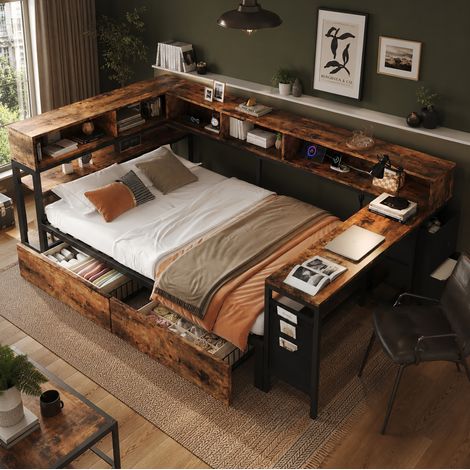 Cama individual 120x200 cm negra y natural de metal y madera con cajones y puerto de carga (1/5)