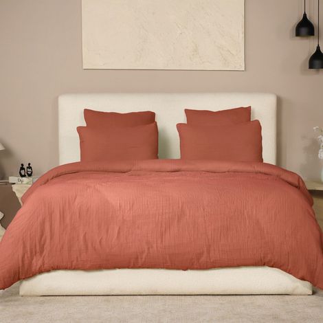 Parure housse de couette 240x220cm + 2 taies 100% gaze de coton lavée safran - VALMA (1/4)