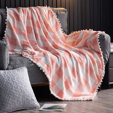 Fleece Blanket with Tassel Fringe, Red and Black Buffalo Check Flannel Throw for Sofa Bed, Suitable for All Seasons (Pink and White, 130 x 150 cm) (1/5)