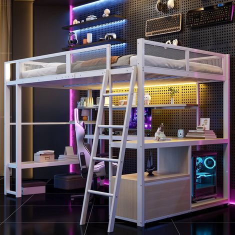 Lit mécanisé métal 140 x 200 cm blanc avec bureau intégré, rangements et led (1/5)