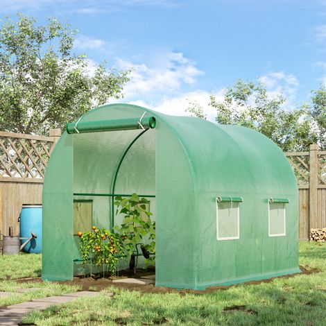 Serre de jardin tunnel avec porte roulante et 4 fenêtres - 2,5x2x2m - serre de jardin avec couverture en PE et cadre en acier - verte