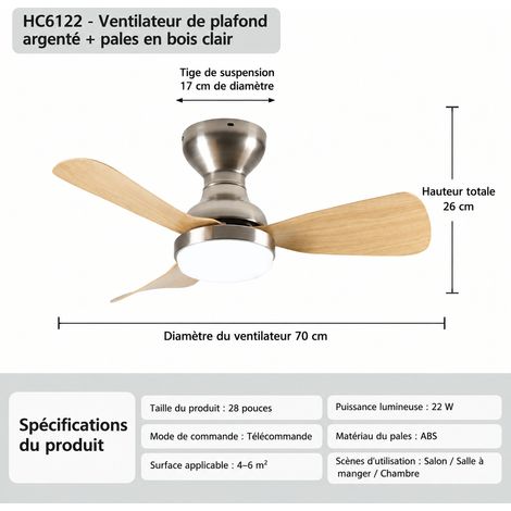 Ventilateur moteur argenté 28 pouces pales en ABS bois clair modèle plafonnier application mobile télécommande à fréquence variable gradation continue 45 × 20 × 30 cm 4,5 kg – Livraison gratuite