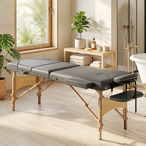 Table de massage pliante en bois à 3 zones, dossier, appui-tête et accoudoirs réglables, 215 x 60 x 62-89 cm, grise (1/5)