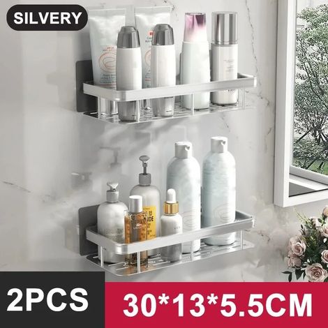 (StyleB-Silvery-2PCS) Étagère de salle de bain/rangement de cuisine en alliage d'aluminium, porte-shampoing, étagère de douche, accessoires de salle de bain, étagère sans perçage (1/5)