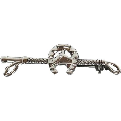 Broche d'équitation en argent en forme de fouet avec tête et fer à cheval