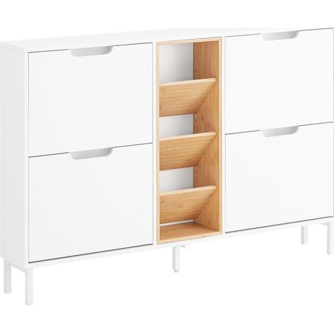 SoBuy Scarpiera con 4 ribalte Scarpiera stretta con 3 ripiani Cassettiera per scarpe Bianco e Naturale 126x19x85 cm FSR183-WN