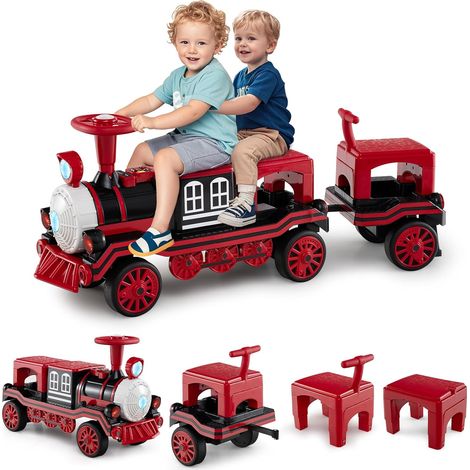 COSTWAY Trenino Elettrico Cavalcabile per Bambini, 12V Macchina Elettrica a 3 Posti con Locomotiva e Vagone Rimovibili, Treno con Luci LED, Clacson e Musica, per Bambini 3-8 Anni (Rosso) (1/5)