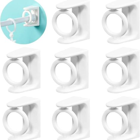 Support rotatif à 360° sans perçage (lot de 8) compatible avec les barres télescopiques/barres de cuisine et de salle de bain, blanc, universel, robuste (1/5)
