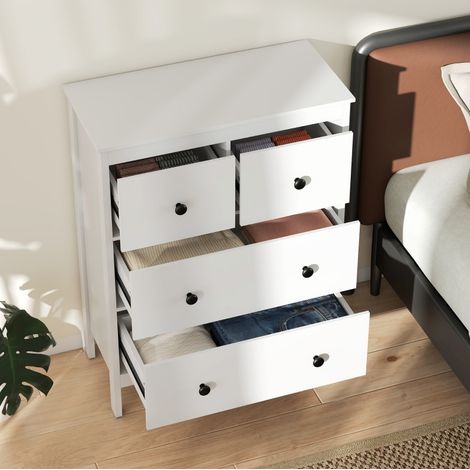 Commode 4 tiroirs en panneaux de particules blanc avec poignées noires, pour chambre et couloir (1/5)